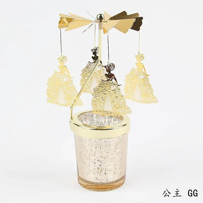 Gold Romantic Rotating Candlesticks Home Christmas Party Decoration Snowman Rotation Spinning Carrousel Tea Light Candle Holder Oasis Select GG