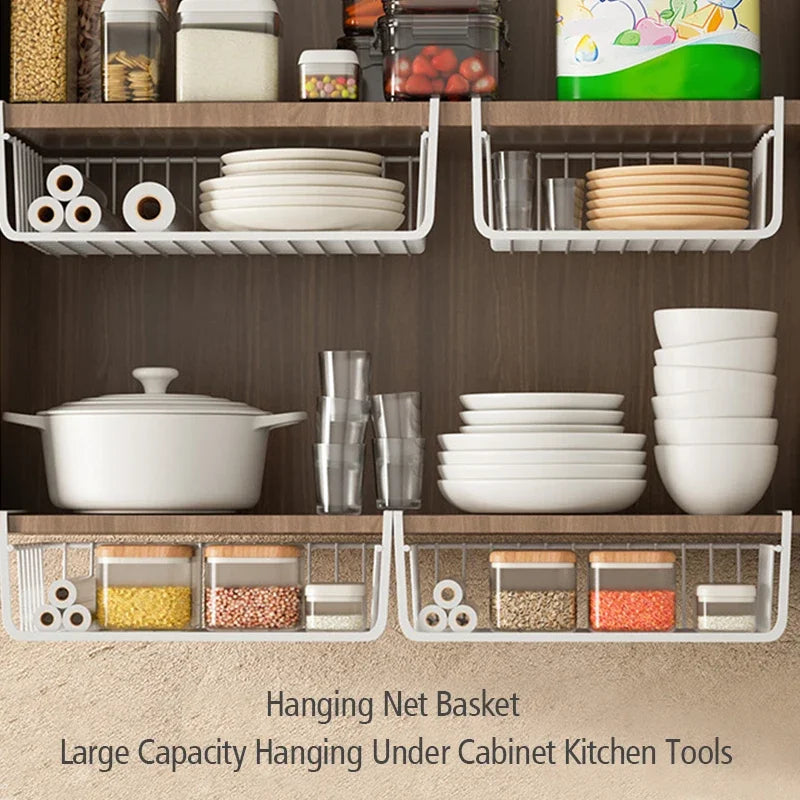 1pcs Portable Metal Iron Kitchen Shelf Under Table Hanging Net Basket Multifunctional Book Storage Rack Home Offices Organizer Oasis Select
