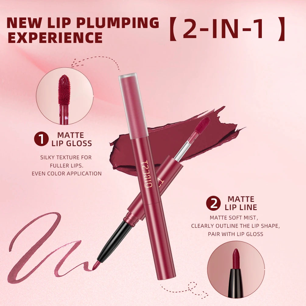 QiBest 2-in-1 Lip Liner & Gloss Pen – 6 Colors, Matte