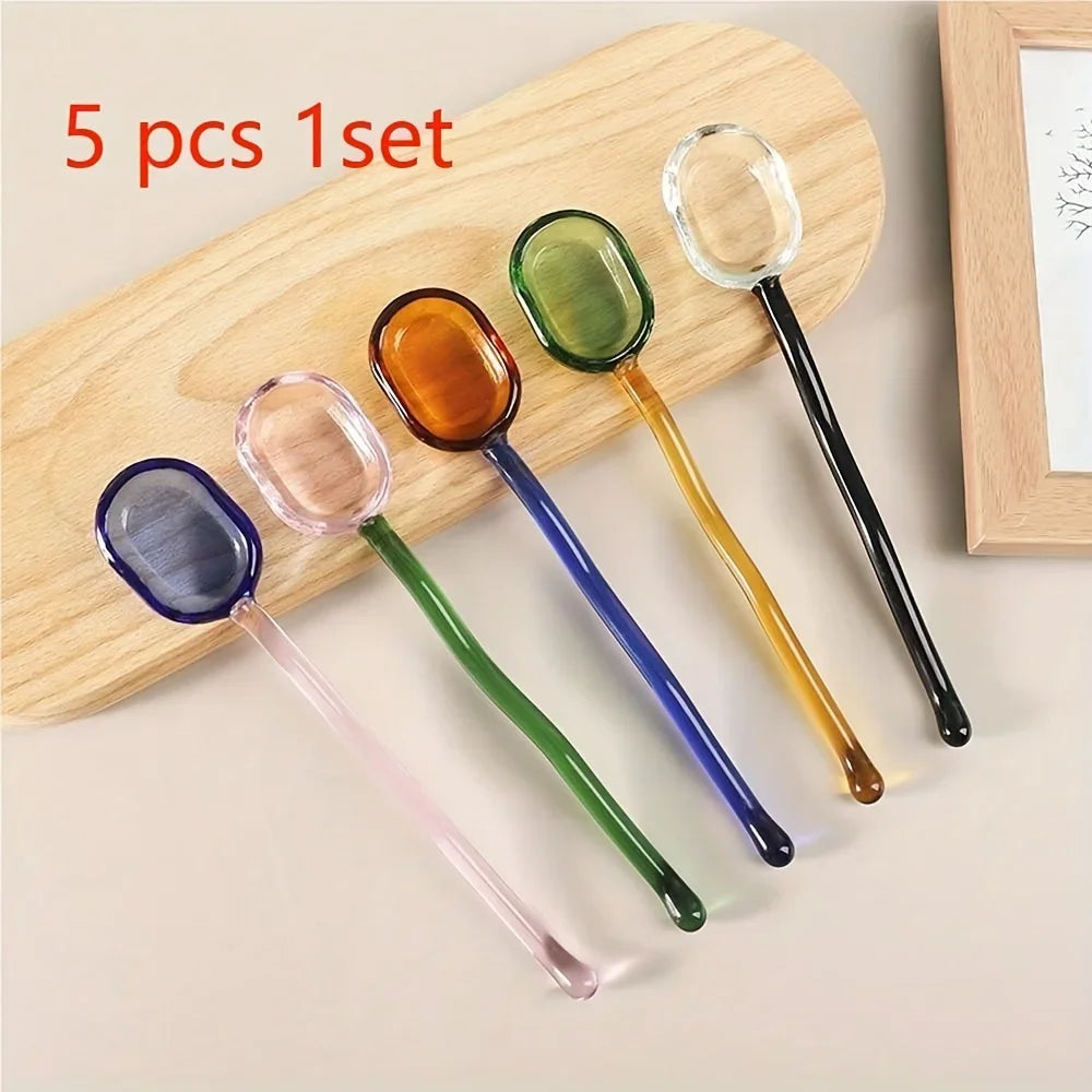 Colorful Wave Glass Spoon Set Milk Dessert Spoon Glass Long Handled Dessert Coffee Stirring Spoon Home Kitchen Tableware Decor Oasis Select 5pcs set
