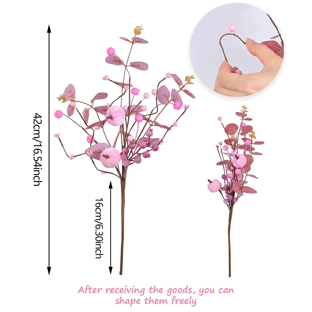 Artificial Pink Velvet Pumpkin Eucalyptus Leaf Pick Harvest Thanksgiving Pumpkin Bouquet Pink Pumpkin Branch Table Decoration Oasis Select
