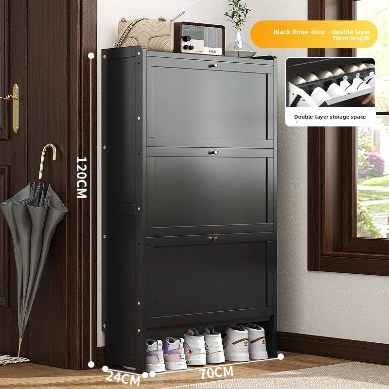 Ultra-thin shoe cabinet 17cm household door economical simple modern storage cabinet narrow large capacity tipping bucket Oasis Select Black Double 3-70