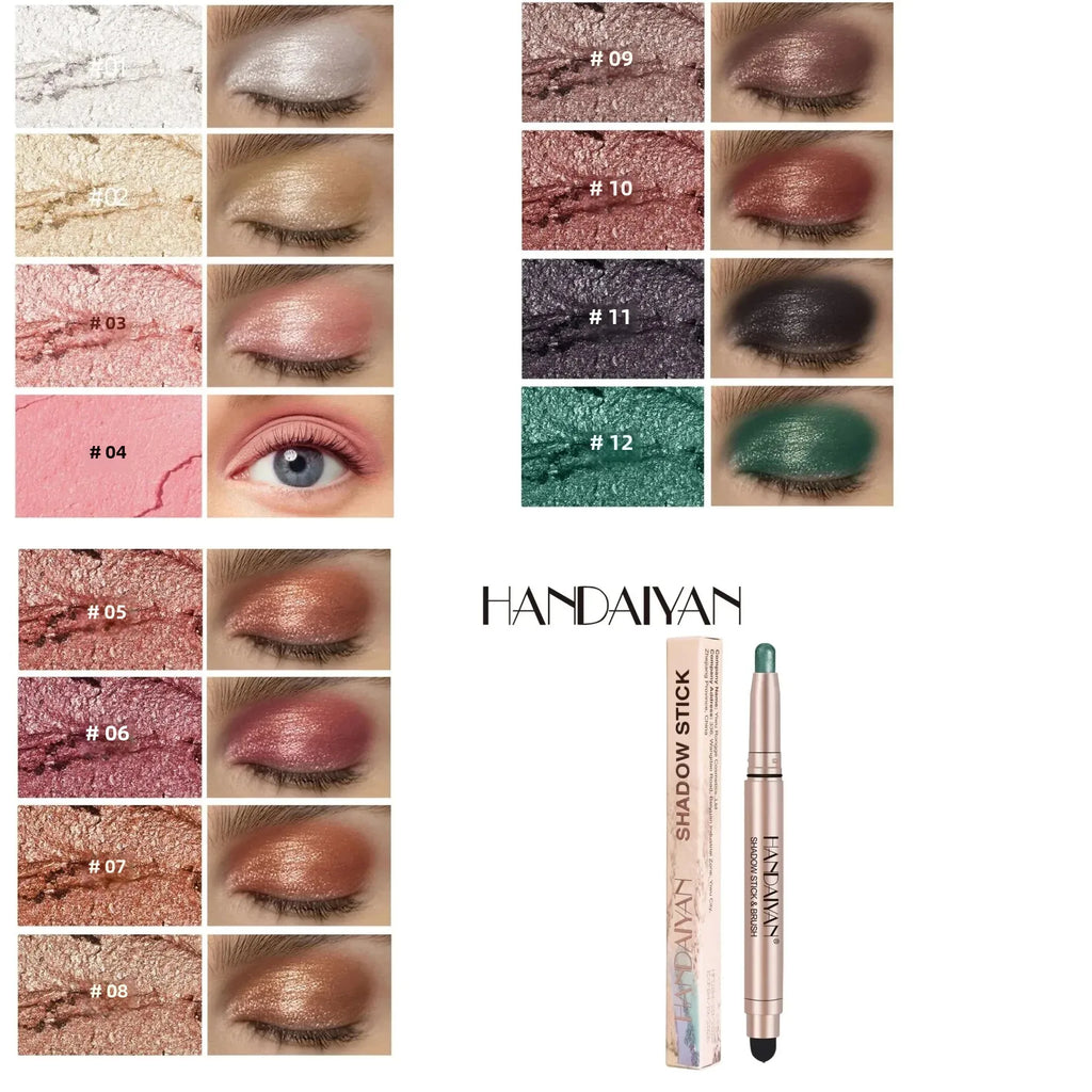 HANDAIYAN 12-Color Waterproof Shimmer Eyeshadow Stick + Brush