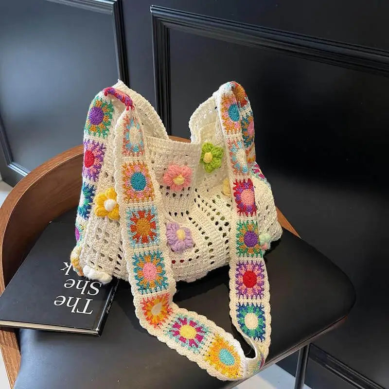 Large Capacity Boho Tote Bag Trendy Floral Crochet Handbag Vintage Multicolor Cut-out Knitted Handbag Fashionable Hollow Out Oasis Select A1