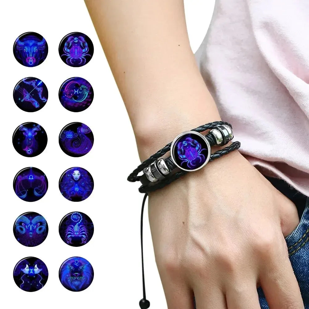 Zodiac Constellation Braided Leather Bracelet | Glass Dome Charm Charm Bracelet Oasis Select