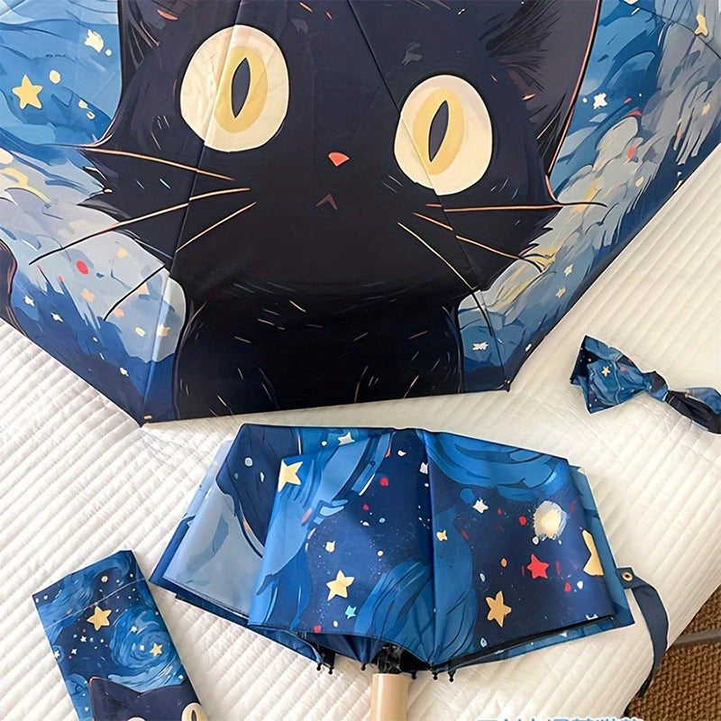 Blue cartoon cat folding umbrella professional sun protection and UV protection umbrella suitable for sunny and rainy days. Oasis Select