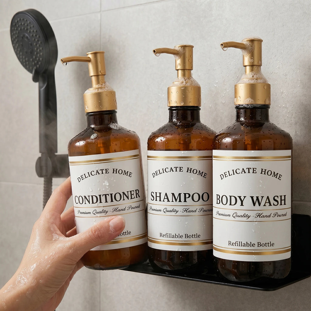 Shampoo Conditioner Dispenser Amber Plastic Pump Bottles for Bathroom Shower 500ml Refillable Bottles for Shampoo Body Wash Oasis Select