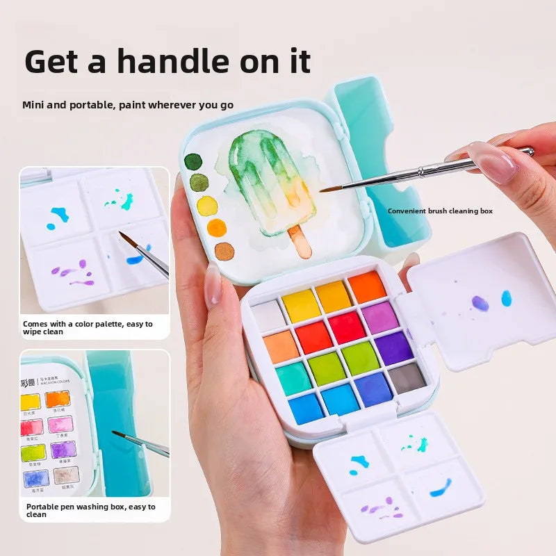 Travel Sketching Painting Kit Tool Watercolor Pigments Art Suppies 16Colors Mini Portable Solid Watercolor Paint Set with Brush Oasis Select