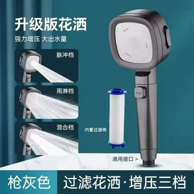 New 3 Modes High Pressure Shower Head Water Saving Shower Adjustable One-Key Stop Water Massage Sprayer Bathroom Accessories Oasis Select Grey Shower
