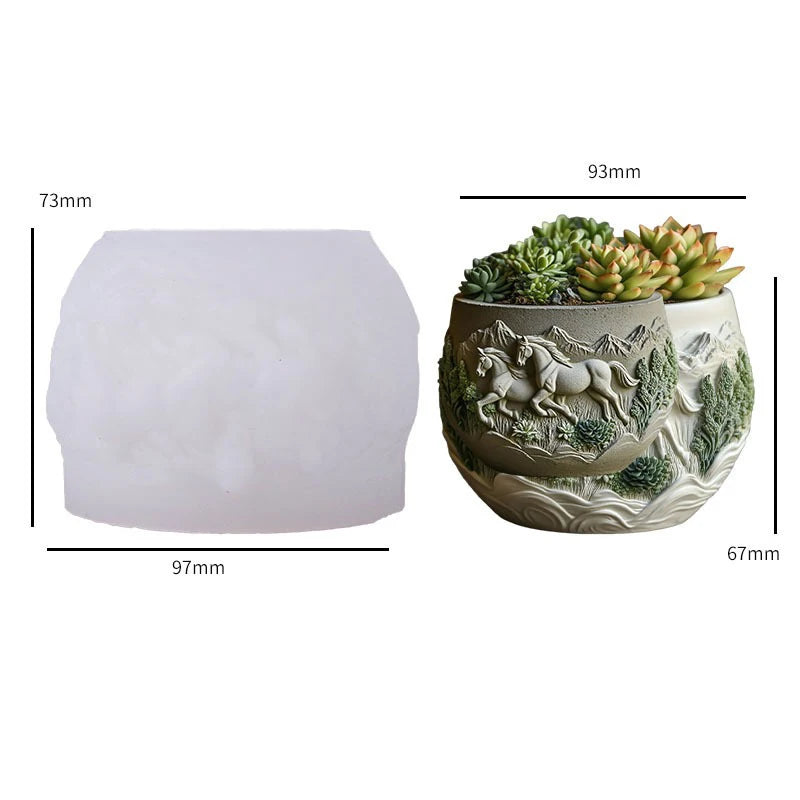 Running stallion relief succulent plant flowerpot resin silicone mold grassland warhorse storage box mould horse gypsum molds Oasis Select White
