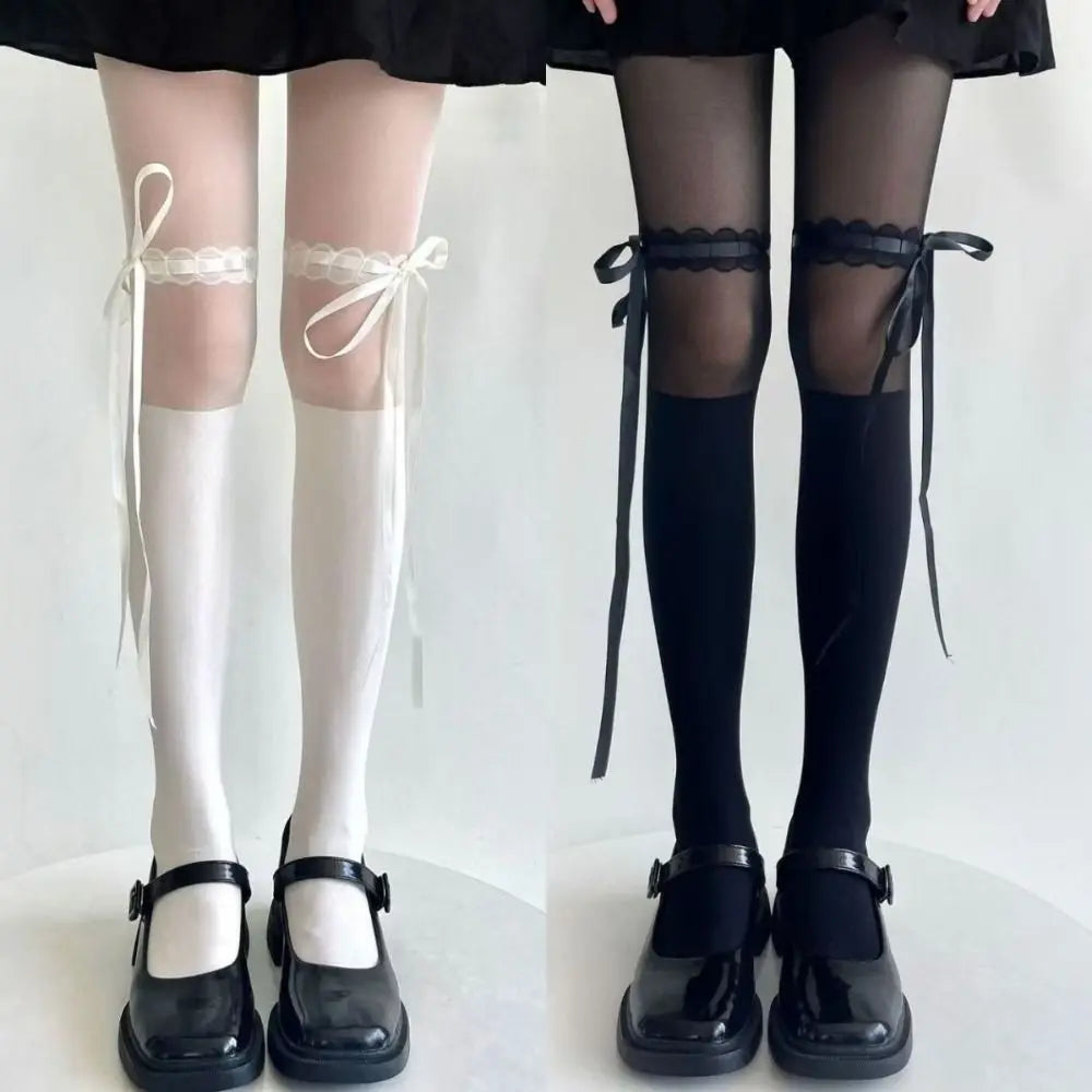 Fashion Polyester Bowknot Pantyhose Bowknot Thin Tights Stock High Waist Hollow Out Long Stocking Women Oasis Select