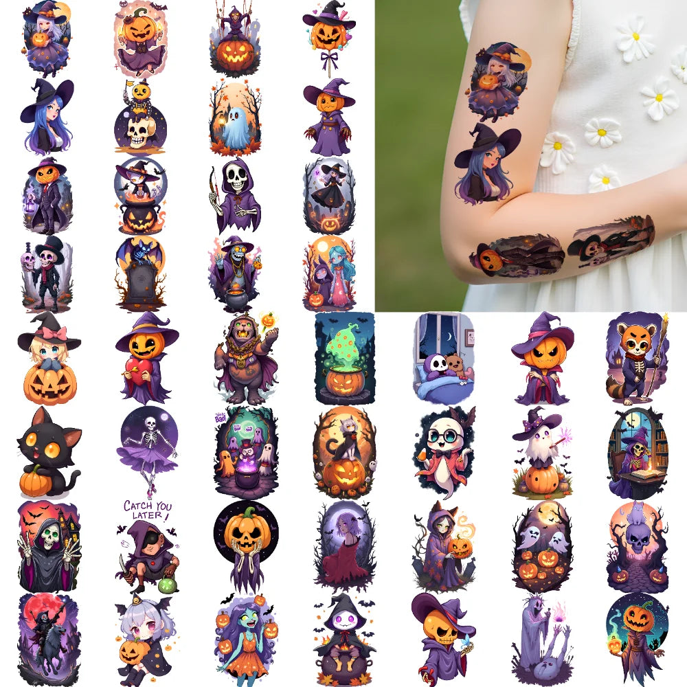 63pcs Halloween Temporary Tattoos – Witch, Ghost & Black Cat