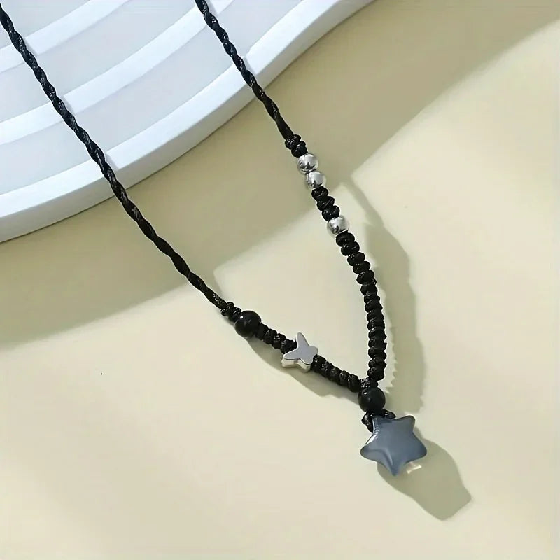 Vintage Black Rope Chain Short Necklace Korean Acrylic Star Pendant Necklace Women's Casual Fashion Party Jewelry Oasis Select