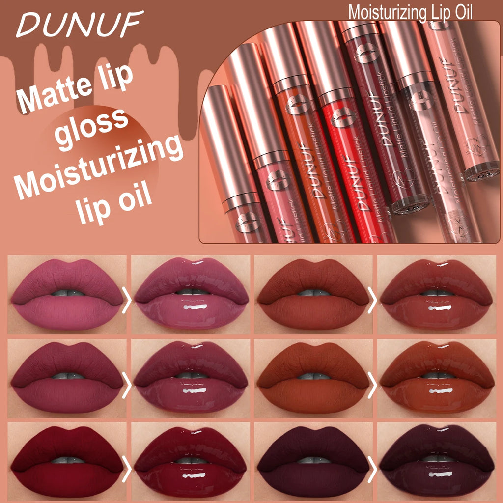 DUNUF 12 Pcs Matte Lipstick Lip Gloss Waterproof Long-lasting Easy Coloring Beginner Friendly Non-stick Cup Shape Non-fading Moi Oasis Select
