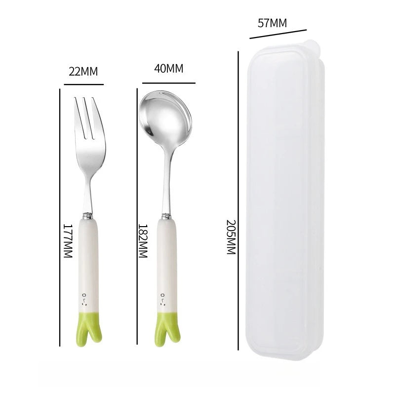1Pcs Cute Cartoon Green Onion Stainless Steel Ceramic Tableware Creative Family Spoon and Fork Birthday Gifts for Boys Girls Oasis Select SET