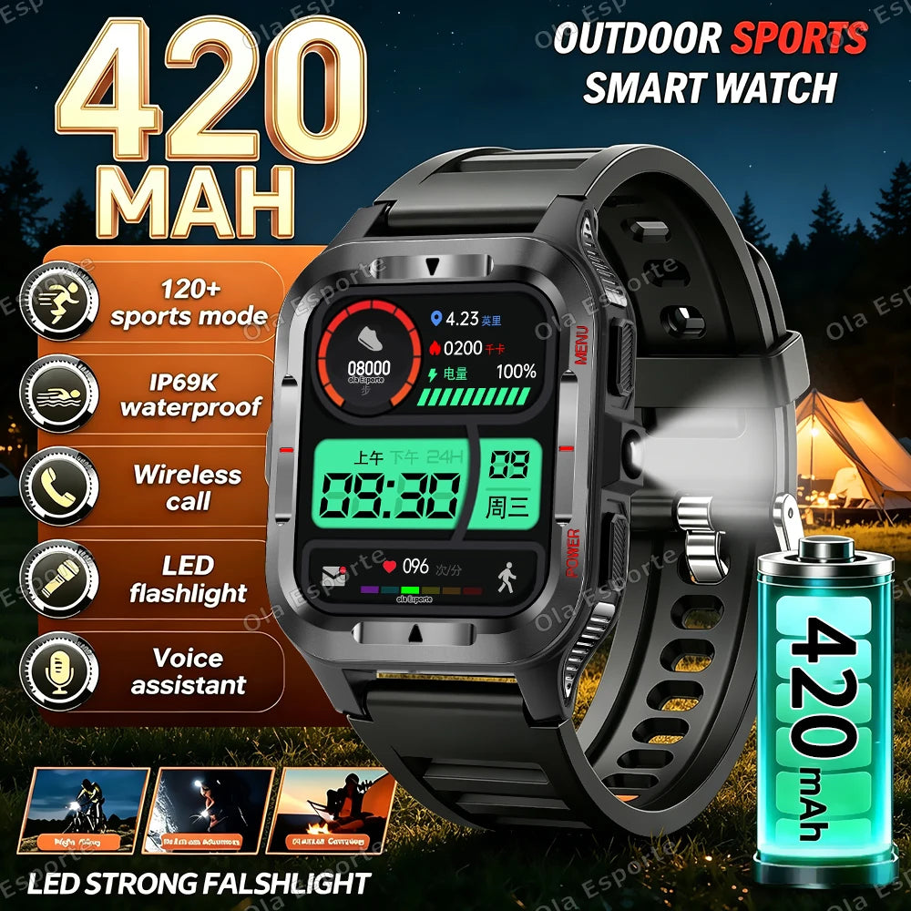 Ola Esporte Military Smart Watch 1.83" AMOLED LED Flashlight