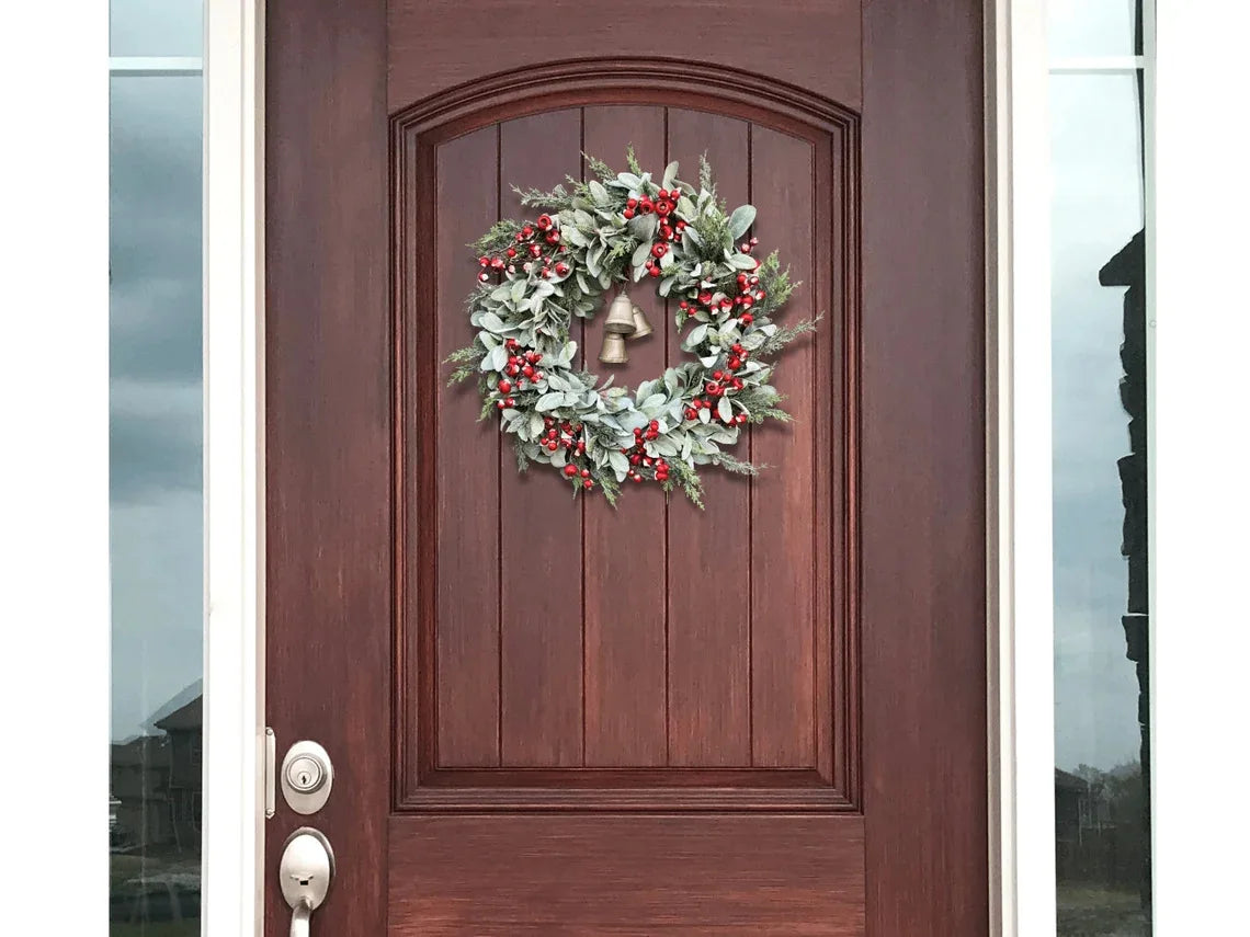 Christmas Red Berry Bell Garland Pine Leaves Flocked Leaves Patio Holiday Decoration Door Hanging Party Decoration Oasis Select