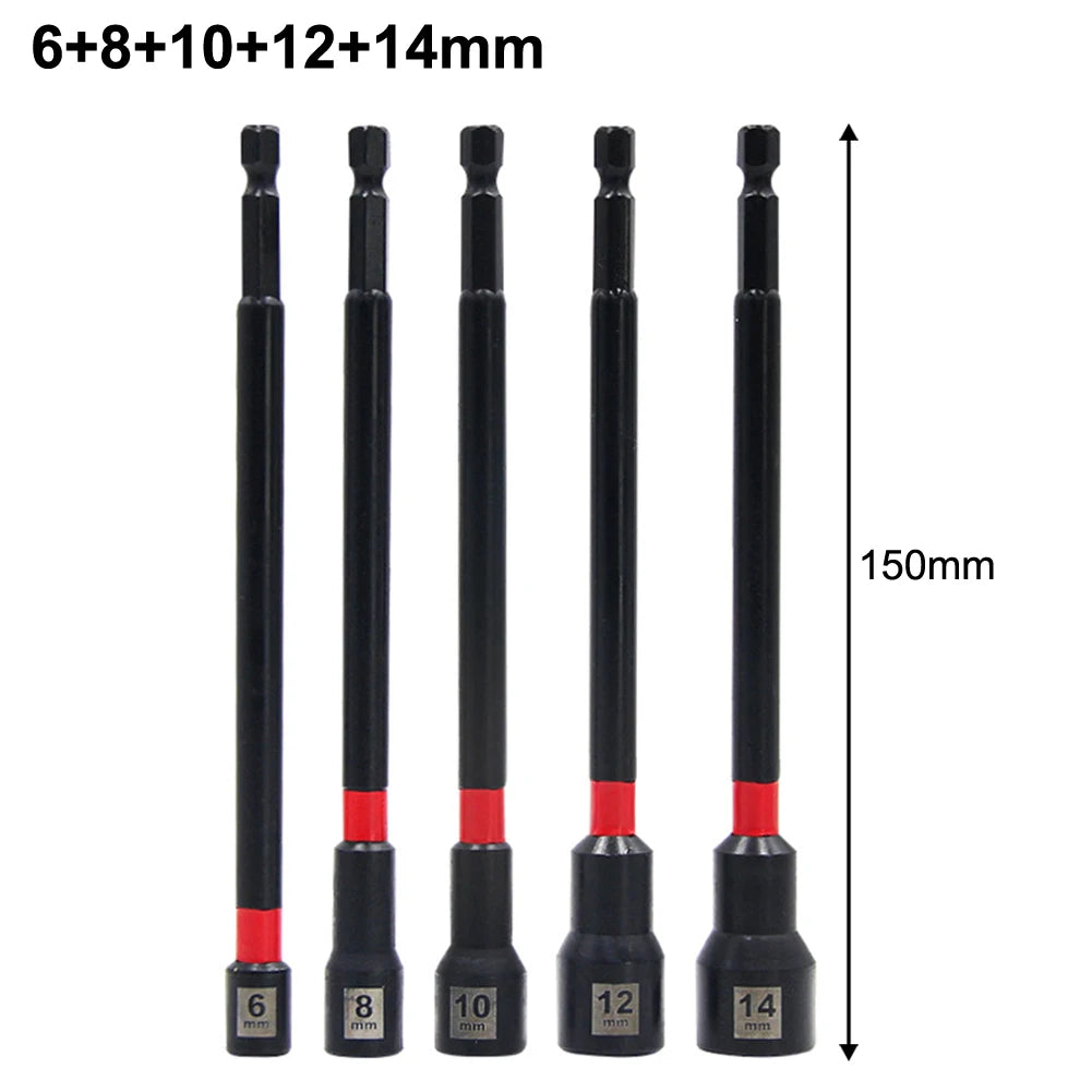 5PCS 6 Inch Magnetic Long Nut Driver 8-14mm For Impact Drill Long Shank Nut Driver Bits Hex Socket Adapter Oasis Select 6-14mm