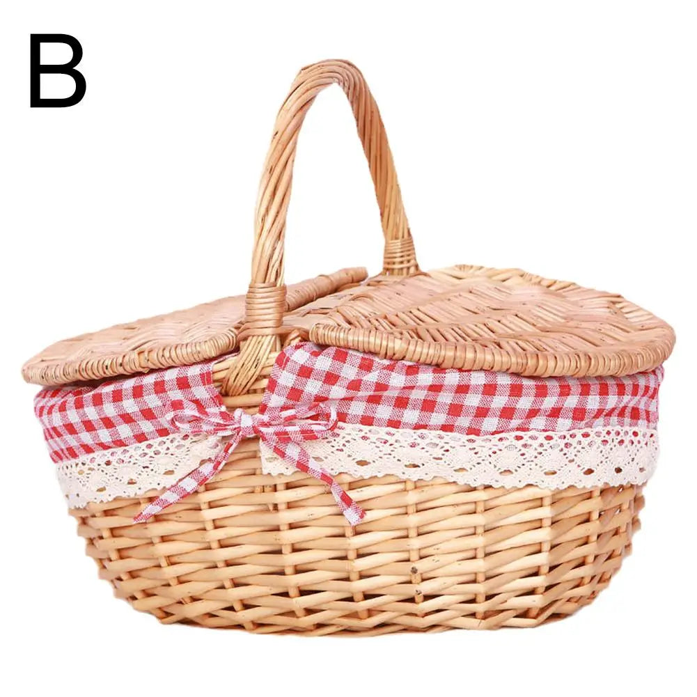 Handmade Wicker Basket With Handle Picnic Food Basket With Lid Hand-Woven Multi-Purpose Wicker Tray Desktop Decor Storage Box Oasis Select B