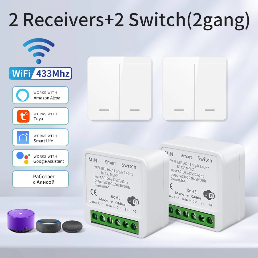 Tuya WiFi RF433MHz Smart Wall Switch 1/2/3 Gang | Alexa Google Smart WiFi Switch Oasis Select 2Receiver2Switch 16A