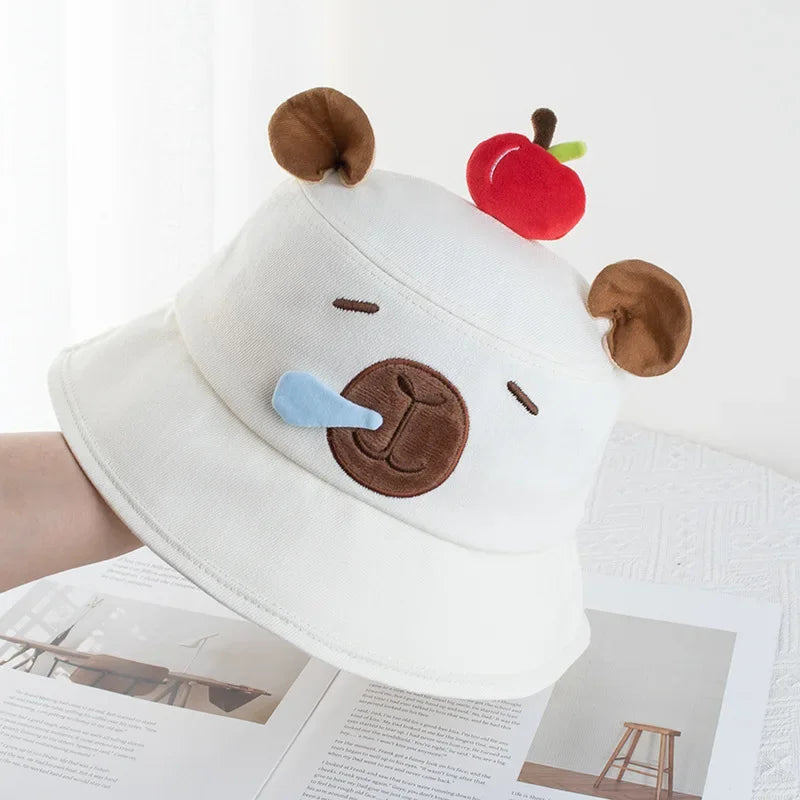 1-4PCS Cute Capybara Apple Bucket Hat for Women Cartoon Fisherman Hat Sun Protection Casual Summer Beach Outdoor Oasis Select Milk White-1PC