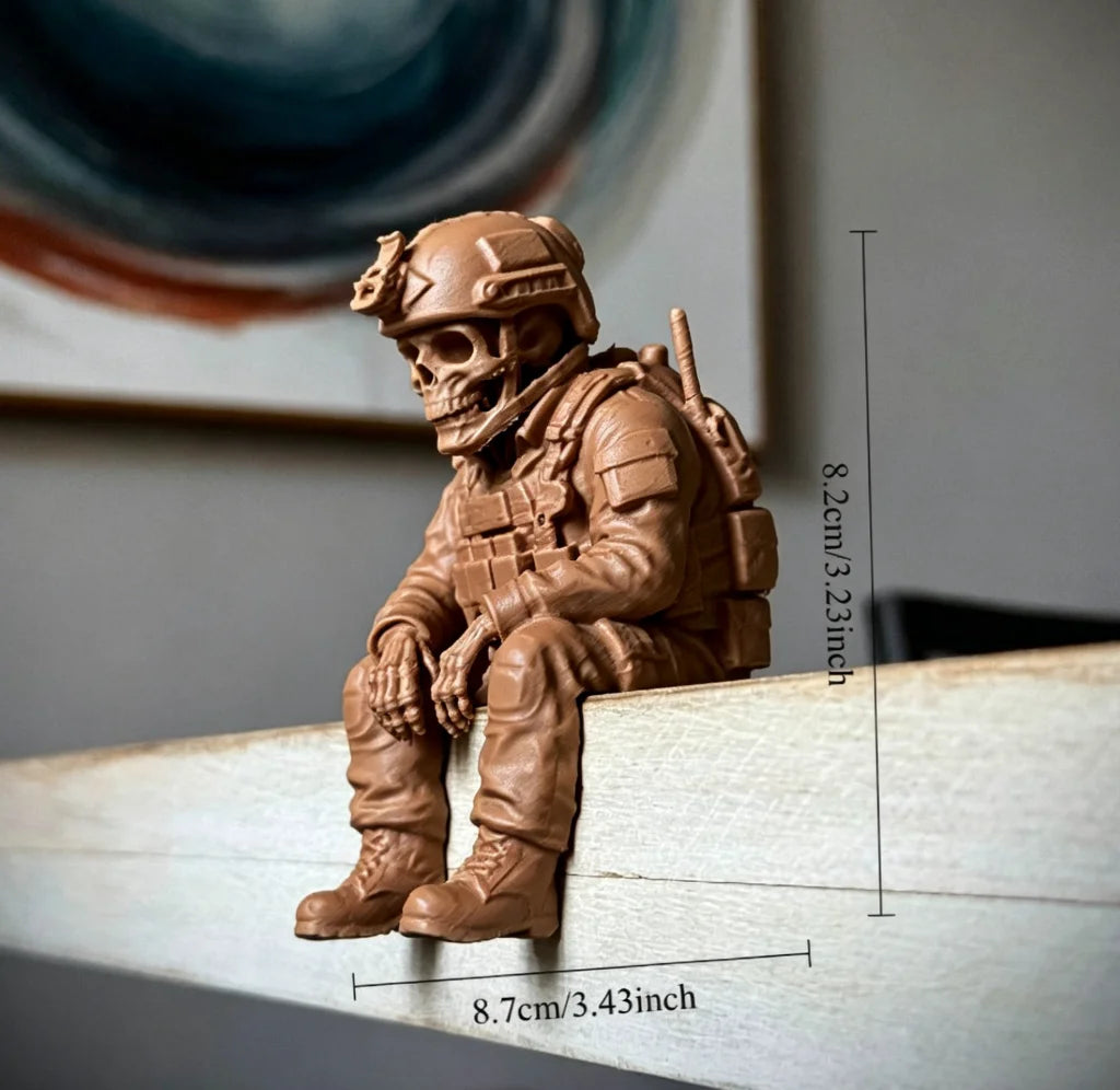 Sitting Tactical Skull Soldier Cool Ornament Home Office Military Skull Soldier Figurine Whimsical Seated Warrior Ornament Decor Oasis Select Soldier brown