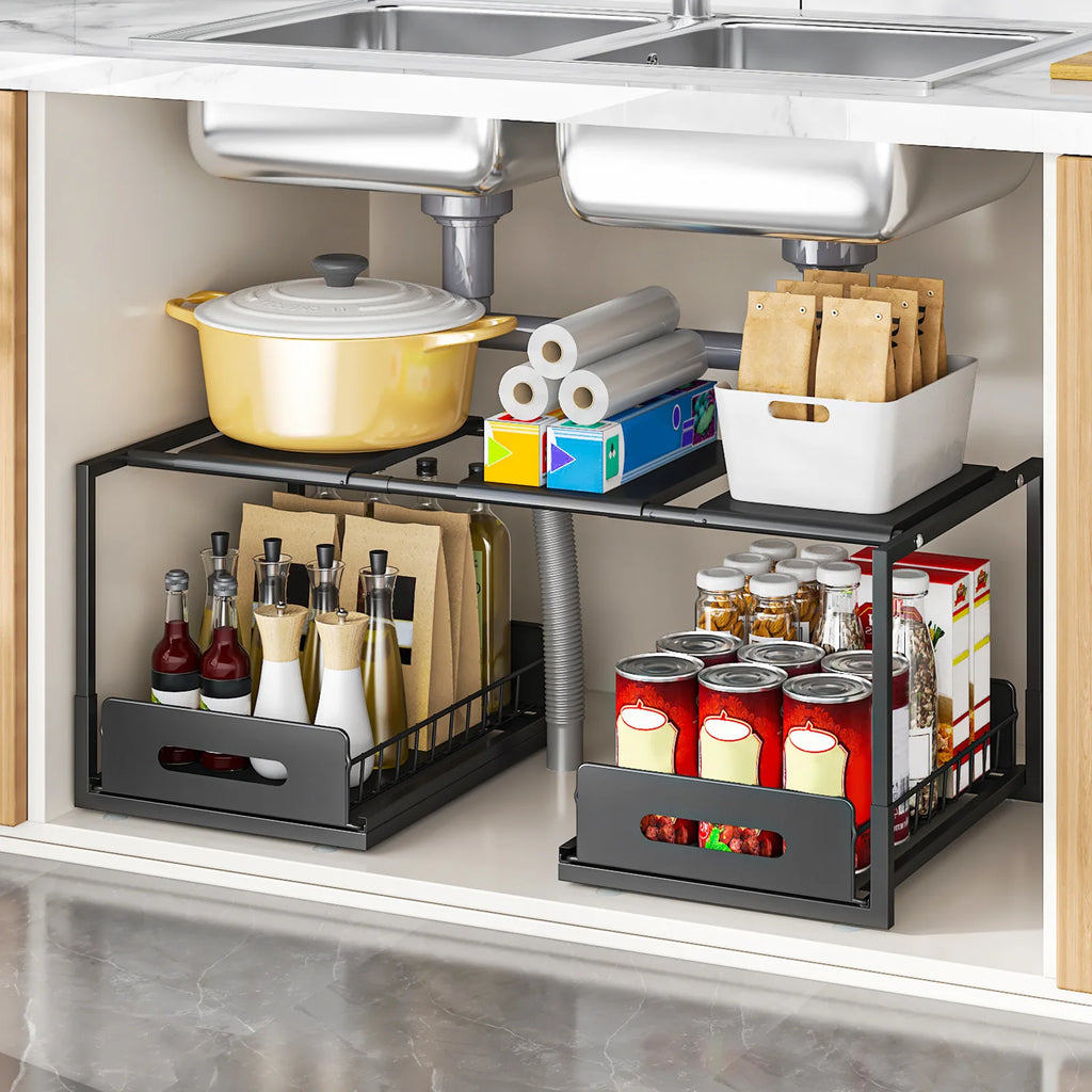Kitchen Lower Sink Shelf Layered Rack in Cabinet Bathroom Basket Household Multifunctional Retractable Storage Rack Oasis Select