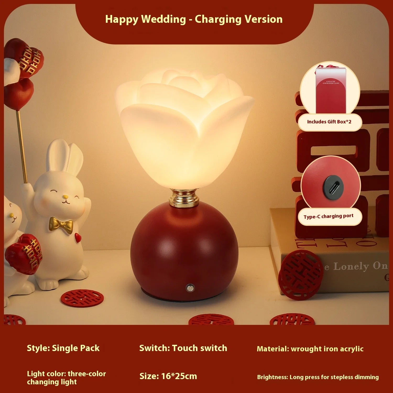 Wedding Table Lamp Bedroom Bedside Lamp Wedding Room Dowry Lamp Wedding Red Pair of Mushroom Lamps Gift Adjustable Light Oasis Select Rose