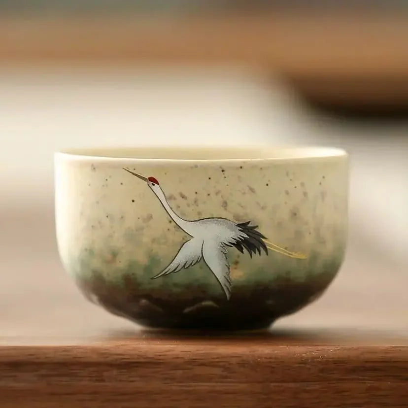 Traditional Chinese Style Tea Cup Flying Crane Pattern Retro Ceramic Teacup Coffee Cup Coarse Pottery Cups Oasis Select