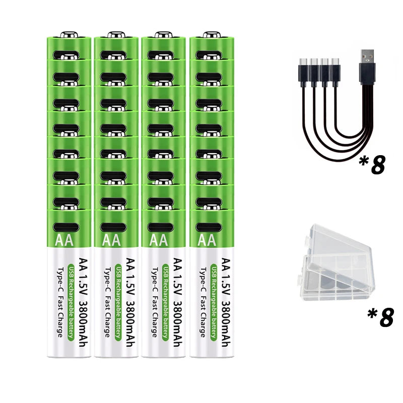 2026 Hot Li-ion AA Rechargeable Batteries USB Lithium-ion 3800mAh 1.5V AA Rechargeable Batteries+ Data Cable and Storage Box Oasis Select 32PCS 1.5V