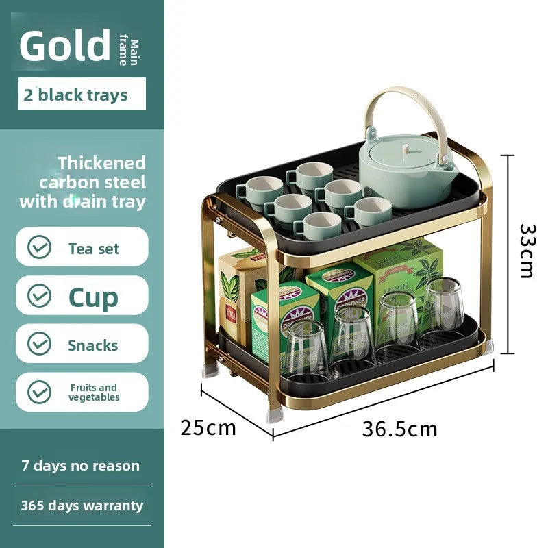 Multifunctional living room drain cup holder, desktop dust-proof storage rack, double-layer drying cup with water tray Oasis Select Gold black TP