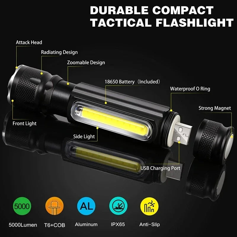USB Rechargeable Flashlights with COB Side Light High Power LED Flashlight Outdoor Emergency Light Torch with Built-in Battery Oasis Select