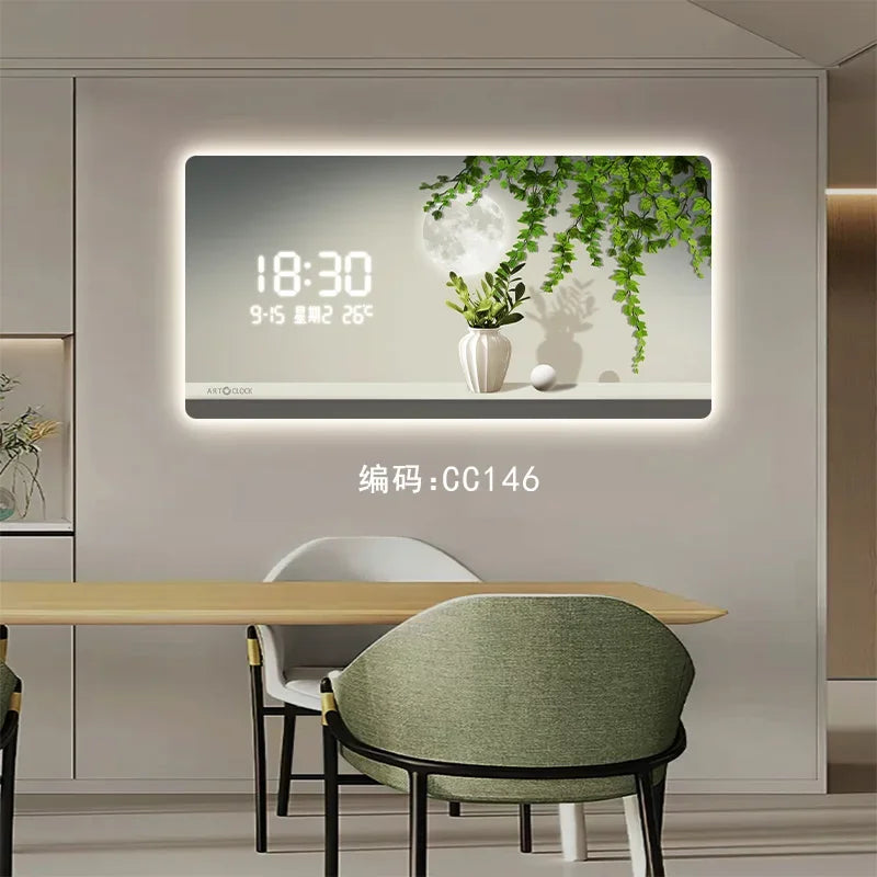 Simple Green Plant Digital Electronic Clock Living Room Decoration Painting Plug-in Digital Display Screen Light Wall Clock Oasis Select CC146 70CM X 35CM