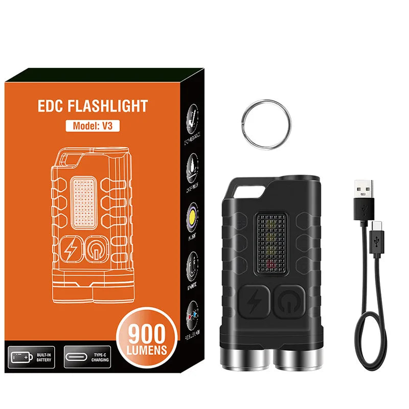 Multifunctional Mini V3 EDC Keychain Flashlight Super Bright Portable Waterproof LED Torch Type-C Rechargeable Pocket Lantern Oasis Select Black