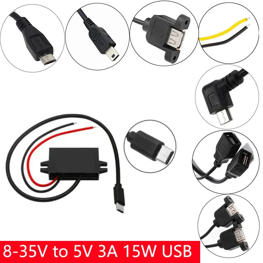 12V24V to 5V 3A Charging Converter DC DC 12V to 5V Step Down Converter with Female/MICRO/TYPE C/MINI USB for Car Motorcycle Oasis Select