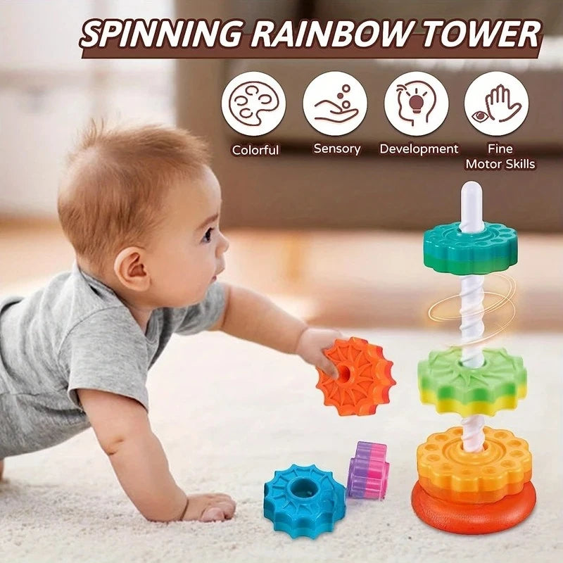 Montessori Rotating Rainbow Tower Baby Stacking Puzzle Toys Safety and Environmental Protection Colored Children's Toys Oasis Select