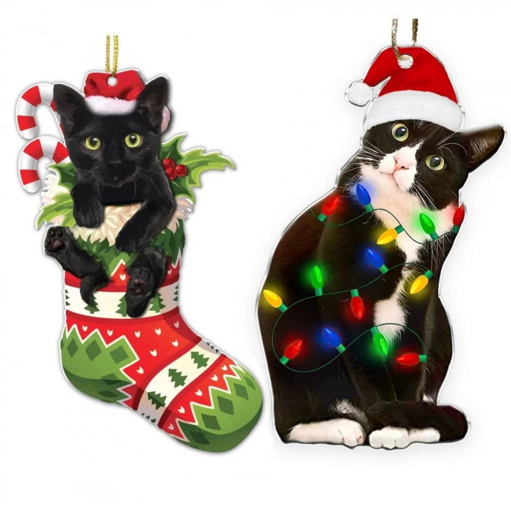 Charming Black Cat Christmas Ornament 2D Acrylic Hanging Decor for Tree Car Mirror Keychain Kid Xmas Gift Holiday Party Supplies Oasis Select