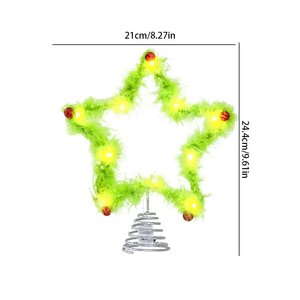 Christmas Fuzzy Grinch Star Tree Topper Iron Green Plush Holiday Festive Creative Home Party Decor Ornament Oasis Select