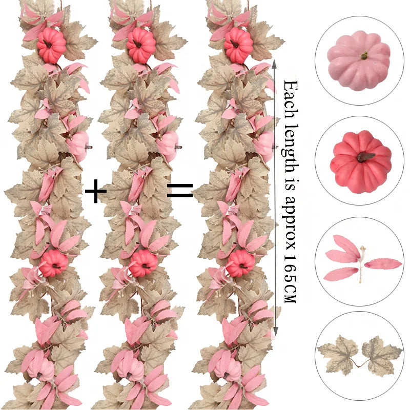 Fall Maple Leaves Garland Hanging Artificial Autumn Garland with Pink Pumpkins Flowers Berries For Halloween Thanksgiving Decor Oasis Select