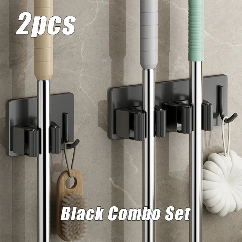 1-3PCS Stainless Steel Household Storage Rack Bathroom Nail-free Hook Wall-mounted Mop Storage Rack Waterproof Broom Rack Oasis Select Black Combo Set
