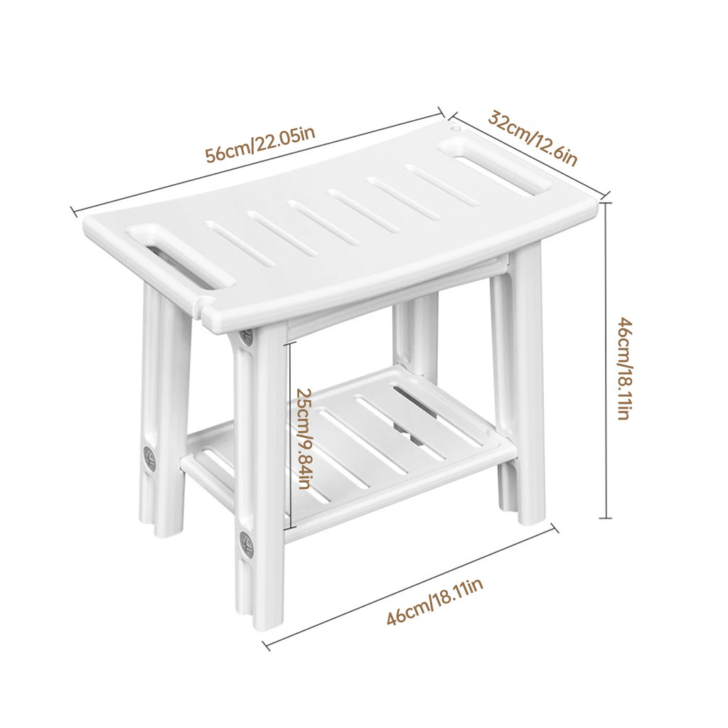 HDPS Shower Benches Durable Shower Chair 2-tier Storage Spaces and Dual Handles Waterproof Stool with Non-slip Pads for Shaving Oasis Select