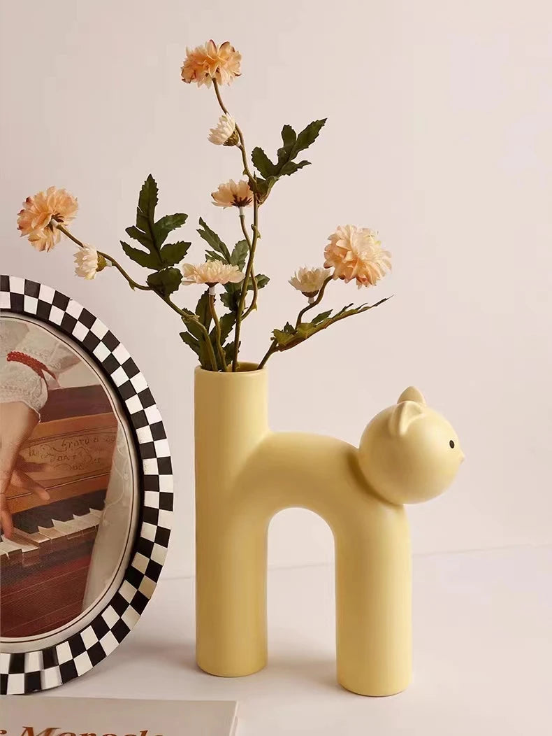Ceramic Flower Vase Cute Tubular Kawaii Cat Vase Room Home Desktop Decoration Art Ornament Gift Flowerpot Vase Decor Oasis Select