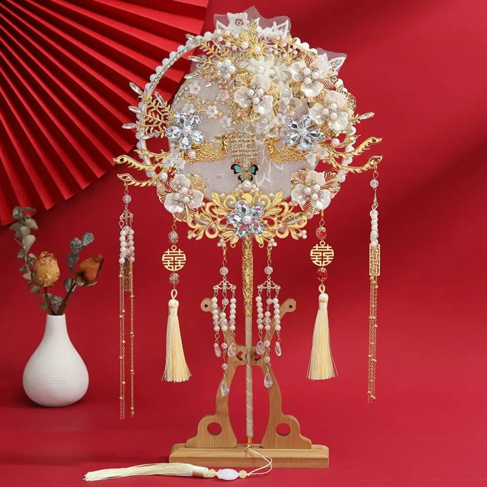 Handmade Chinese Bridal Fan – Silk Tassel & Flower Wedding Fan