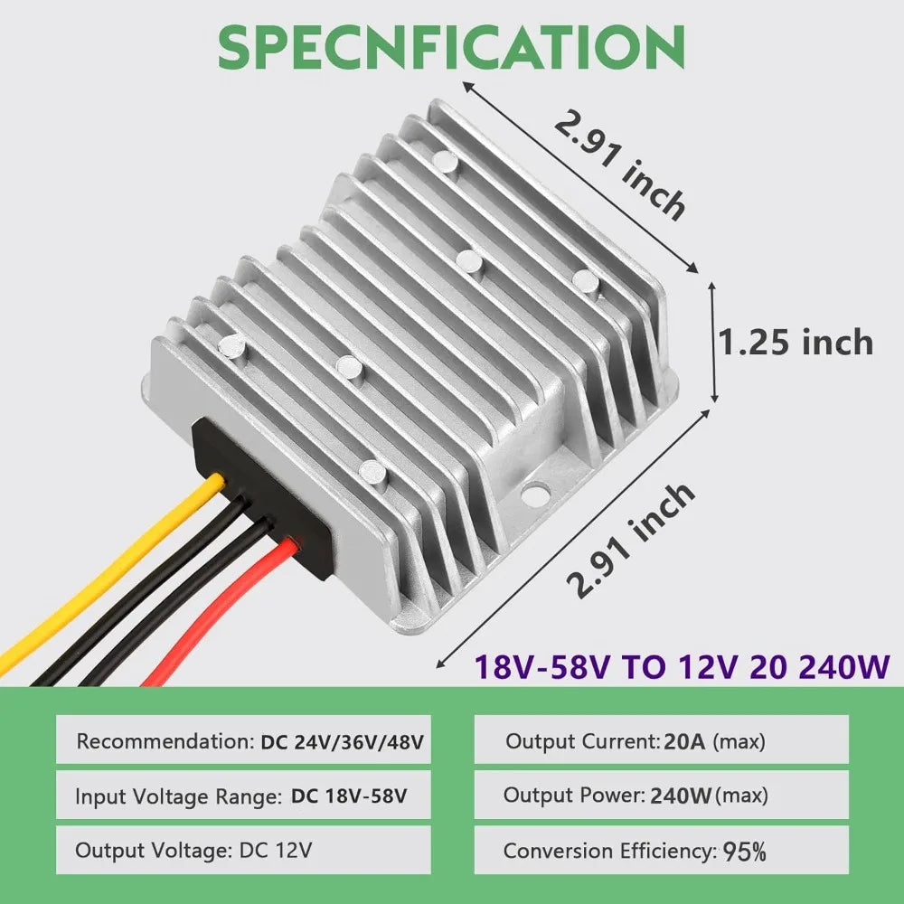 20A 240W Golf Cart DC 18V 20V 24V 36V 48V Step Down to DC 12V Converter Voltage Regulator Reducer Power Buck Converter with Fuse Oasis Select