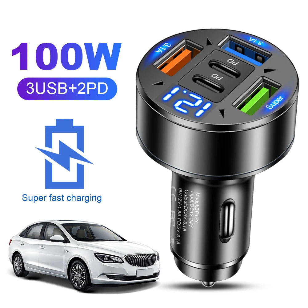100W 5-Port Car Charger PD QC3.0 USB-C Fast Charging Car Charger Adapter Oasis Select spain