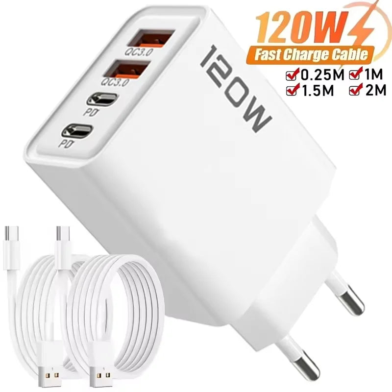Total 120W Phone Charger Fast Charging Quick Charger PD USB Type C Wall Adapter For iPhone 16 15 Xiaomi 14 Huawei Redmi Oneplus Oasis Select 1.5M 10A Cable 1pcs