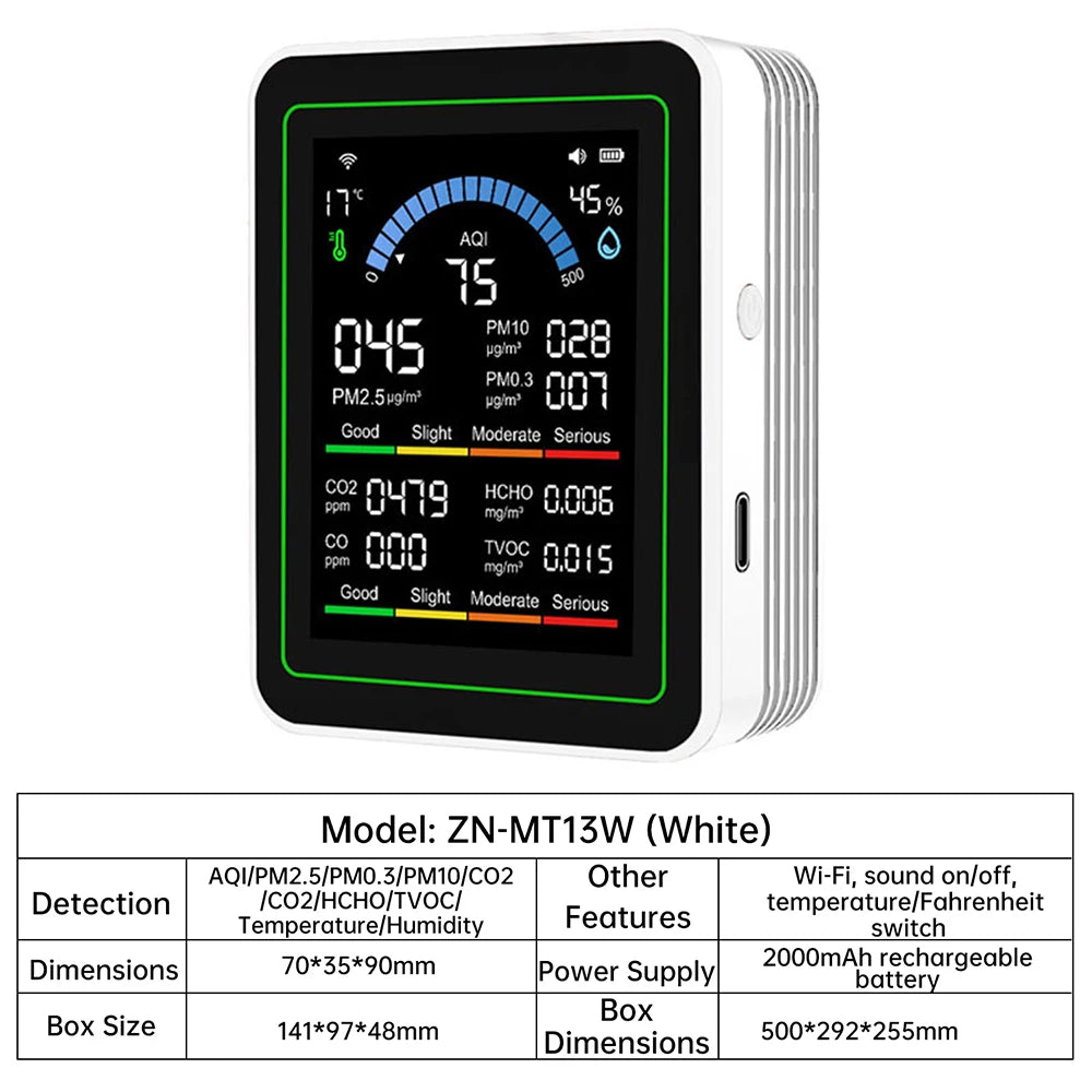 Multifunctional Digital Air Quality Monitor CO2 CO TVOC HCHO PM Meter Digital Temperature Humidity Tester Home Air Detector Oasis Select White
