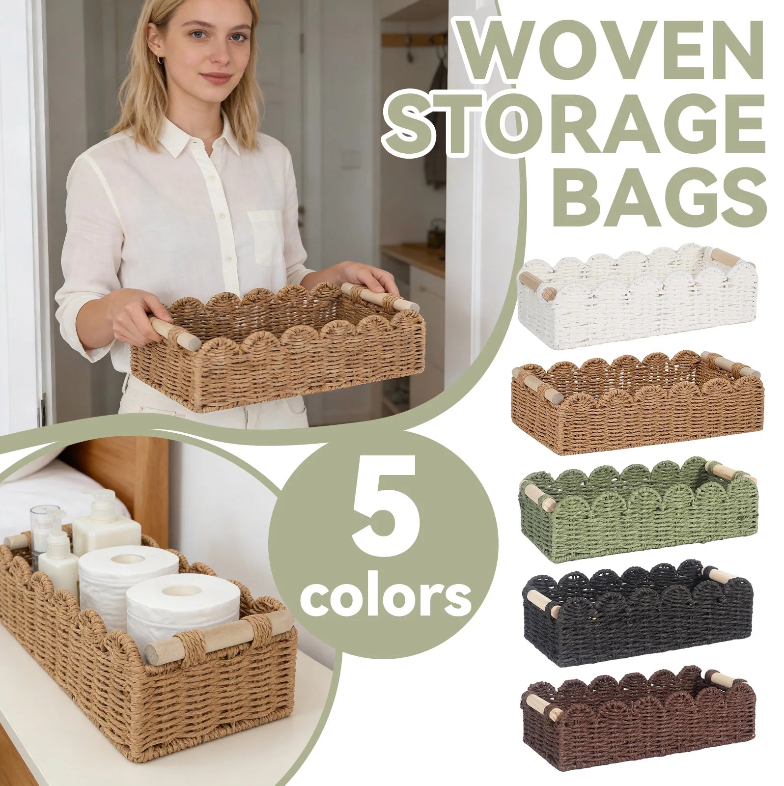 Scalloped Paper Rope Storage Basket with Wooden Handles Woven Storage Basket Oasis Select