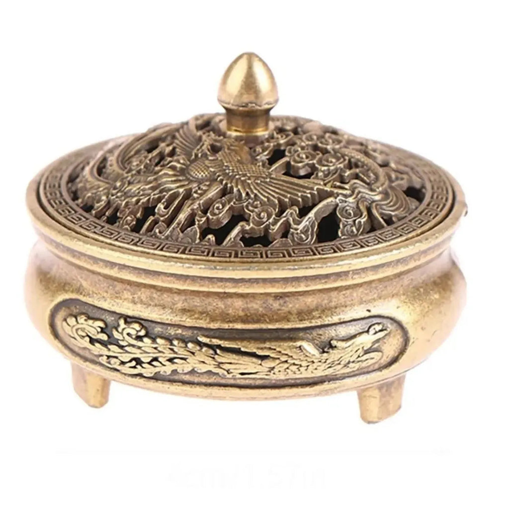 Antique Brass Hollow Dragon Phoenix Incense Burner Incense Mini Ornaments for Home Chinese Ancient Tea Desk Decor Indoor Perfume Oasis Select