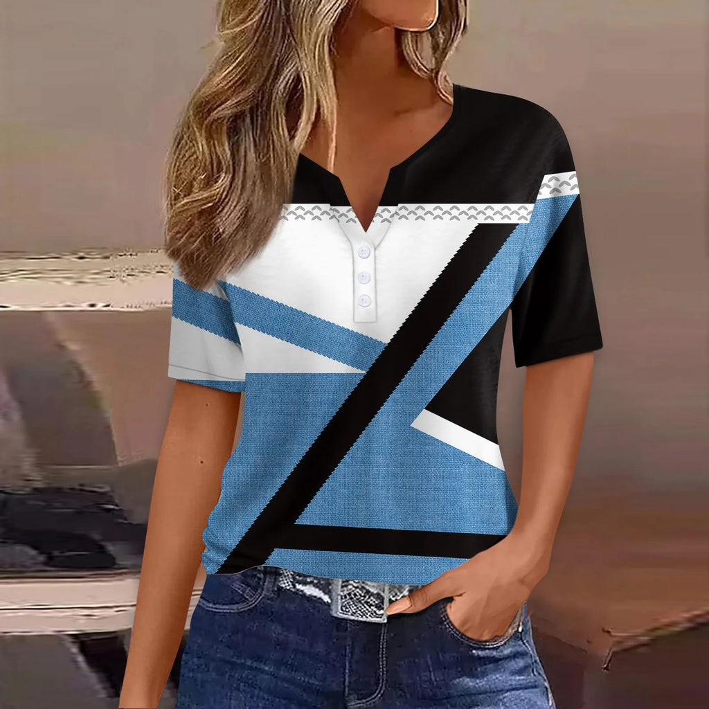 2024 Summer Patchwork T-Shirts Button Tops Womens Casual Short Sleeve Loose Ladies V-Neck Female Street Clothes Pullover Oasis Select Blue S